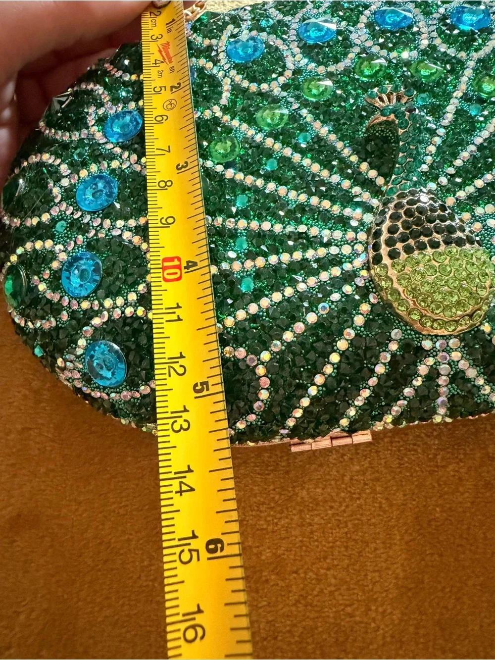 Green Peacock Crystal Evening Clutch with Gold Tone Chain